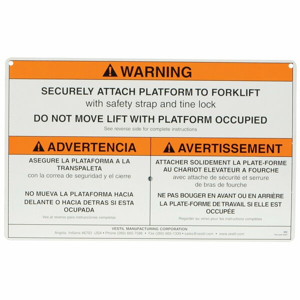 Vestil WORK PLATFORM WARNING SIGN W/ HARDWARE WP-WS